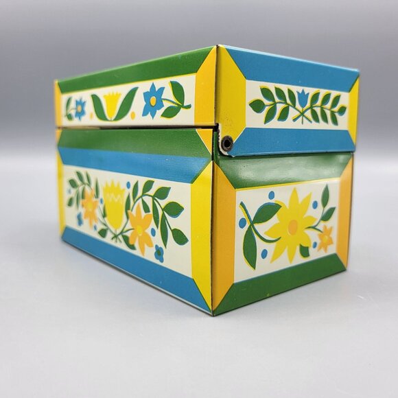 Vintage Syndicate Recipe Card Tin Recipe Box W/ Grandmas Recipes Floral Folk Art - Picture 11 of 16